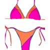 A two-piece pink and orange bikini set with tie-side cheeky bottoms and a triangle top with removable padding.